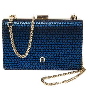 Pre Owned Aigner Blue/Black Heart Print Suede Frame Chain Clutch