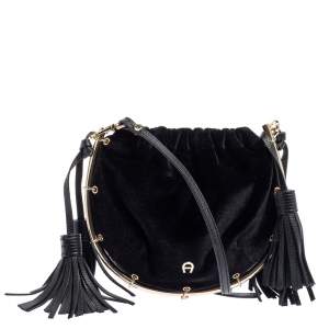 Pre Owned Aigner Black Velvet Tassel Crossbody Bag
