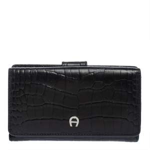 Pre Owned Aigner Black Croc Embossed Continental Wallet
