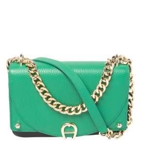 Pre Owned Aigner Green/Black Leather Diadora Shoulder Bag