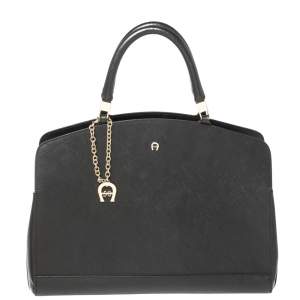 Pre Owned Aigner Black Leather Logo Charm Satchel