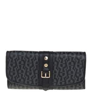 Pre Owned Aigner Black Monogram Coated Canvas and Leather Buckle Flap Continental Wallet