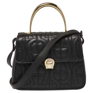 Pre Owned Aigner Black Embossed Leather Genoveva Top Handle Bag