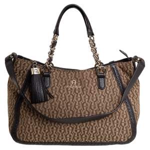 Pre Owned Aigner Brown/Beige Signature Canvas and Leather Tassel Shoulder Bag