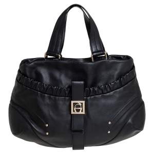 Pre Owned Aigner Black Leather Metal Logo Hobo