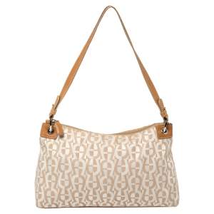Pre Owned Aigner White/Brown Signature Fabric and Leather Baguette