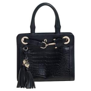 Pre Owned Aigner Black Crocodile Embossed Leather Cavallina Top Handle Bag