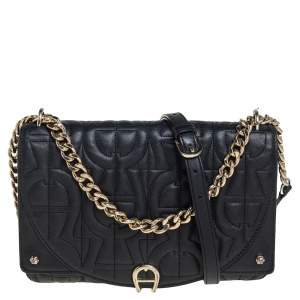 Pre Owned Aigner Black Logo Embossed Flap Chain Shoulder Bag