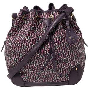 Pre Owned Aigner Purple Signature Coated Canvas and Leather Drawstring Shoulder Bag 
