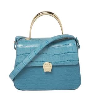 Pre Owned Aigner Blue Croc Embossed Leather Genoveva Top Handle Bag