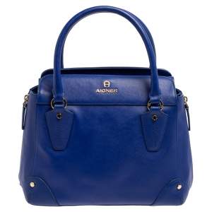 Pre Owned Aigner Blue Leather Side Zip Satchel