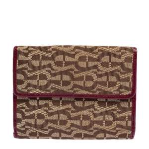 Pre Owned Aigner Brown/Burgundy Signature Canvas and Leather Trifold Wallet