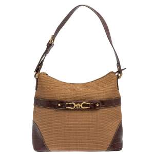Pre Owned Aigner Brown/Beige Croc Embossed Leather and Raffia Logo Buckle Hobo