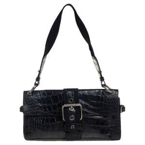 Pre Owned Aigner Black Crocodile Embossed Leather Shoulder Bag