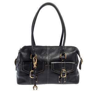 Pre Owned Aigner Black Leather Pocket Buckle Satchel