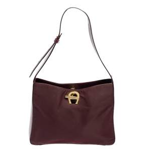 Pre Owned Aigner Burgundy Nylon and Leather Logo Lock Shoulder Bag