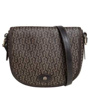 Pre Owned Aigner Brown Signature Coated Canvas Flap Crossbody Bag