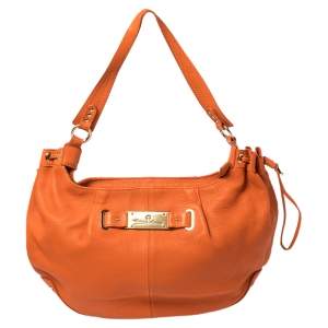 Pre Owned Aigner Orange Leather Logo Drawstring Hobo