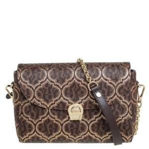 Pre Owned Aigner Brown/Gold Signature Coated Canvas and Leather Flap Shoulder Bag