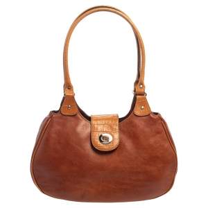 Pre Owned Aigner Brown Croc Embossed Leather and Leather Hobo