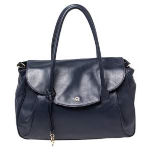 Pre Owned Aigner Blue Leather Flap Satchel