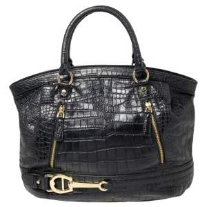 Pre Owned Aigner Black Croc Embossed Leather Dome Satchel