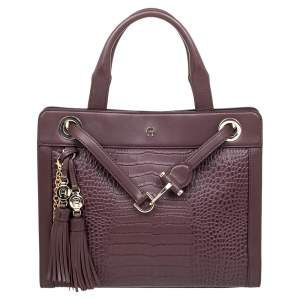 Pre Owned Aigner Burgundy Crocodile Embossed Leather Cavallina Tote