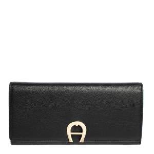 Pre Owned Aigner Black Leather Logo Flap Continental Wallet