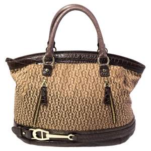 Pre Owned Aigner Brown/Beige Signature Canvas and Croc Embossed Leather Zip Satchel