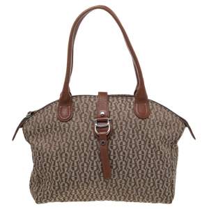 Pre Owned Aigner Beige Signature Canvas And Leather Shoulder Bag