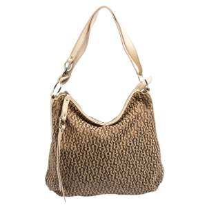 Pre Owned Aigner Beige/Cream Signature Canvas and Leather Zipped Hobo