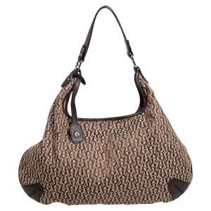 Pre Owned Aigner Dark Brown/Beige Signature Canvas and Leather Hobo