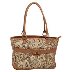Pre Owned Aigner Beige Printed Canvas And Leather Zip Tote