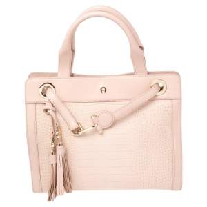 Pre Owned Aigner Pale Pink Crocodile Embossed Leather Cavallina Tote