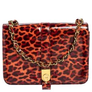 Pre Owned Aigner Red/Peach Leopard Print Patent Leather Flap Chain Shoulder Bag