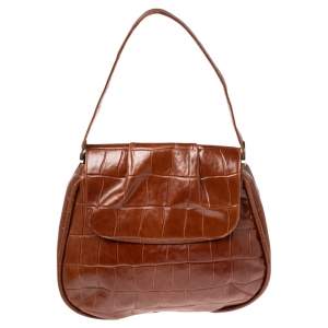 Aigner Brown Croc Embossed Leather Flap Hobo