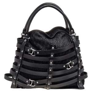 Aigner Black Fabric and Leather Cage Tote