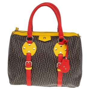 Pre Owned Aigner Brown/Beige Monogram Canvas And Multicolor Leather Boston Bag