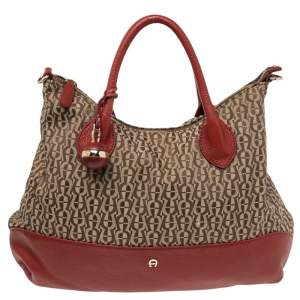 Pre Owned Aigner Beige/Red Signature Canvas and Leather Top Zip Hobo