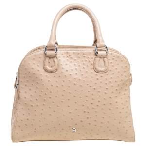 Pre Owned Aigner Beige Ostrich Embossed Leather Double Zip Satchel