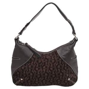 Pre Owned Aigner Dark Brown Signature Fabric And Leather Hobo