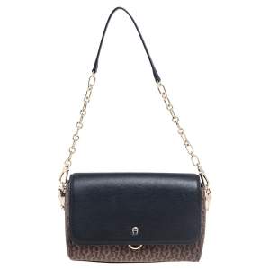 Pre Owned Aigner Black/Brown Signature Coated Canvas and Leather Grazia Shoulder Bag
