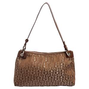 Pre Owned Aigner Monogram Silver/Brown Signature Fabric and Leather Shoulder Bag