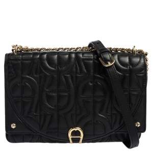 Pre Owned Aigner Black Quilted Leather Diadora Shoulder Bag