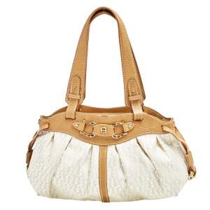 Pre Owned Aigner Beige/Gold Signature Fabric and Leather Hobo