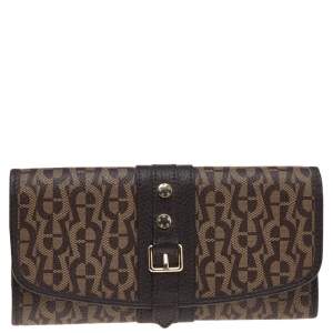 Pre Owned Aigner Brown Signature Coated Canvas and Leather Continental Flap Wallet