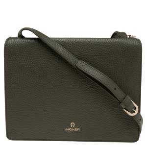 Pre Owned Aigner Olive Green Leather Flap Crossbody Bag