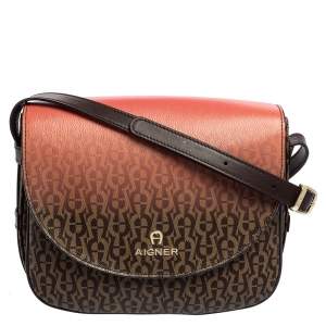 Pre Owned Aigner Brown/Pink Ombre Signature Coated Canvas Flap Crossbody Bag