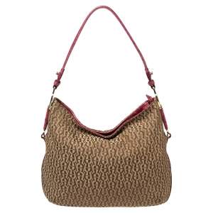 Pre Owned Aigner Fuchsia/Beige Signature Canvas and Textured Leather Zip Hobo