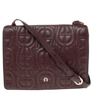 Pre Owned Aigner Burgundy Logo Embossed Leather Flap Crossbody Bag